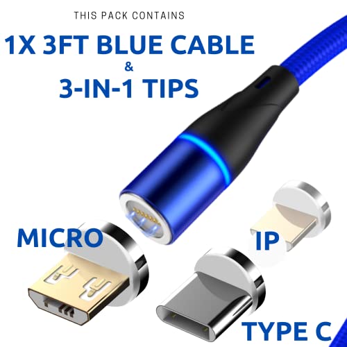 טעינה מגנטית 7 פין 6ft כבל USB וטיפים משולבים 3-in-1 | טעינה מהירה והעברת נתונים | טלפון סלולרי כבל